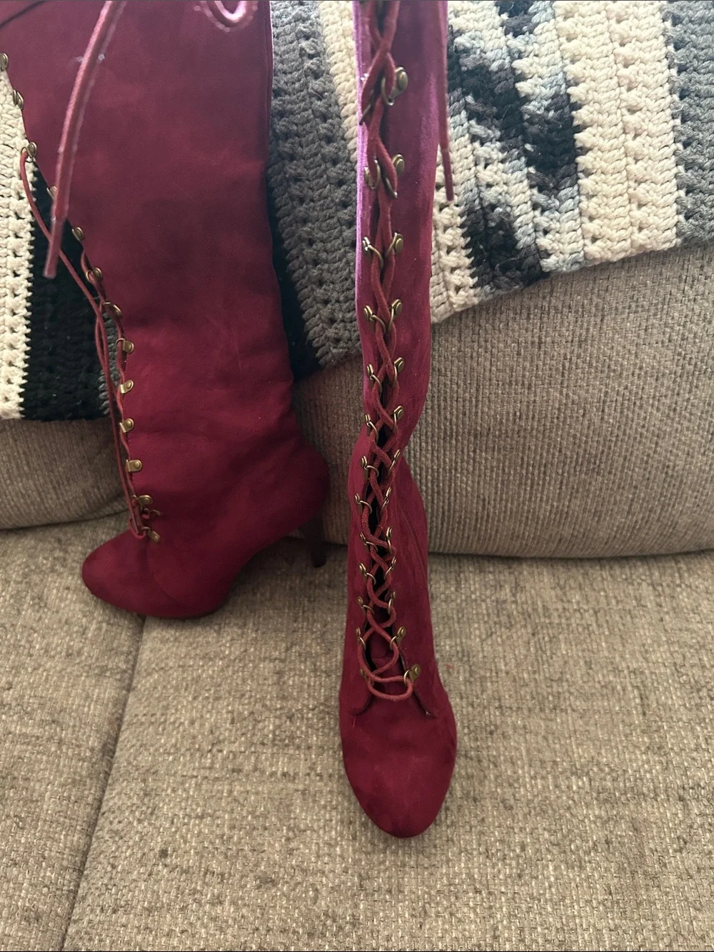 Over-the-Knee Lace-Up Boots in Burgundy